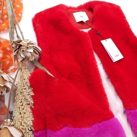 New Suncoo Super Super Soft Pink Red Fleece Faux Fur Color Block Vest Sz… - Picture 5 of 16